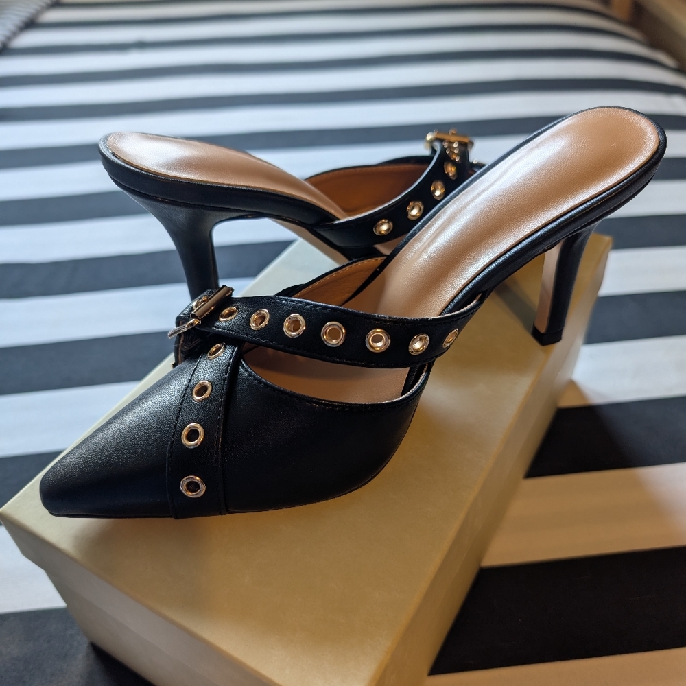 Dsevht Women's Black Kitten Pointed Toe Mule Heels